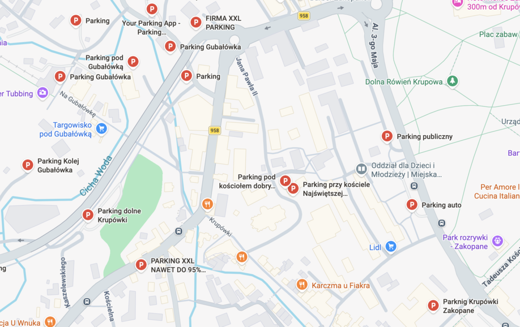 parkingi pod dolną stacją kolejki na Gubałówkę